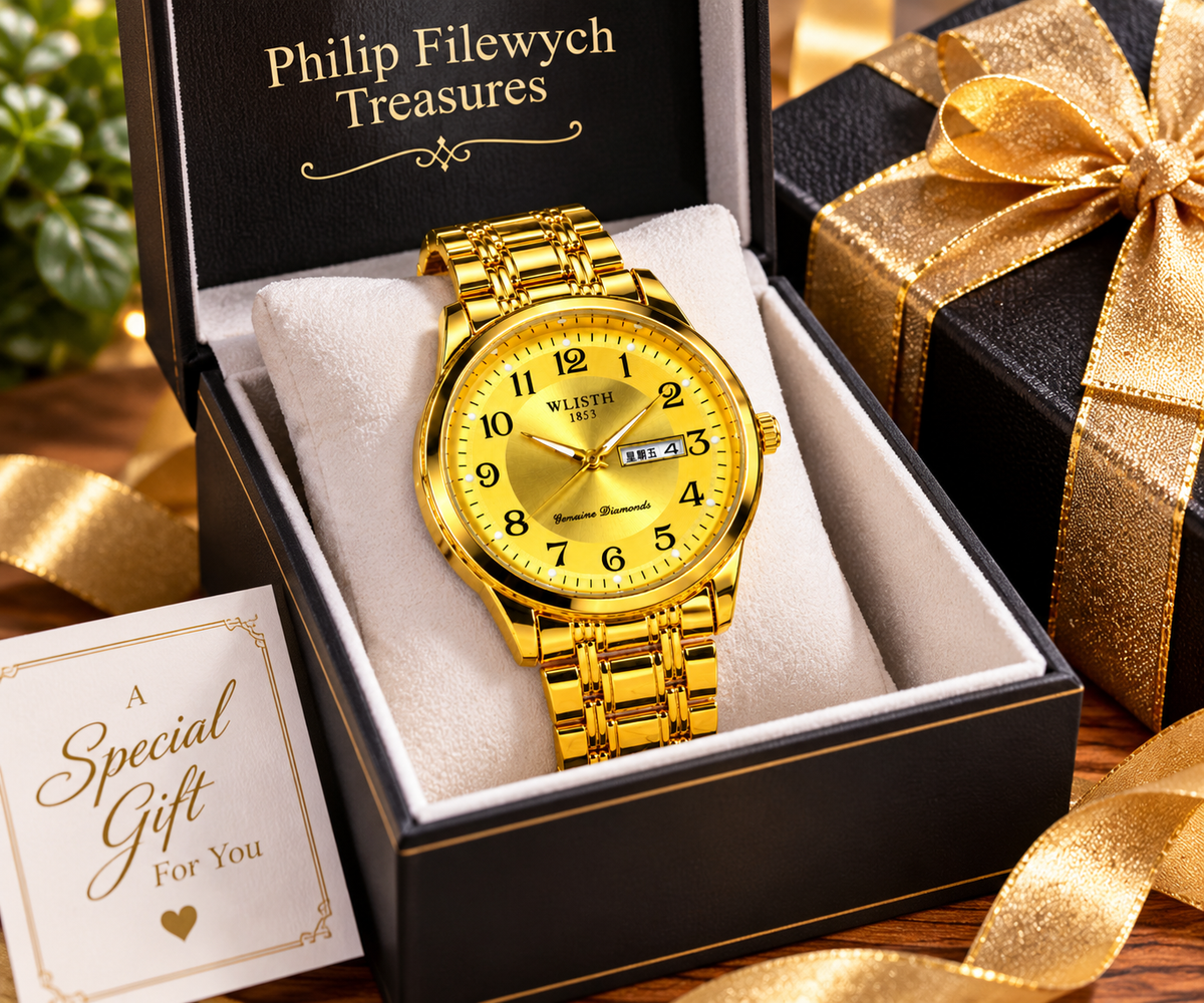 Whisth 1895 men's gold-tone watch presented as an elegant gift