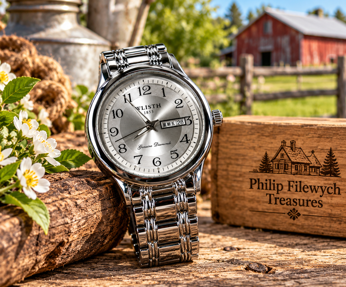 WA-39 Whisth men's quartz watch displayed in a rustic farm setting