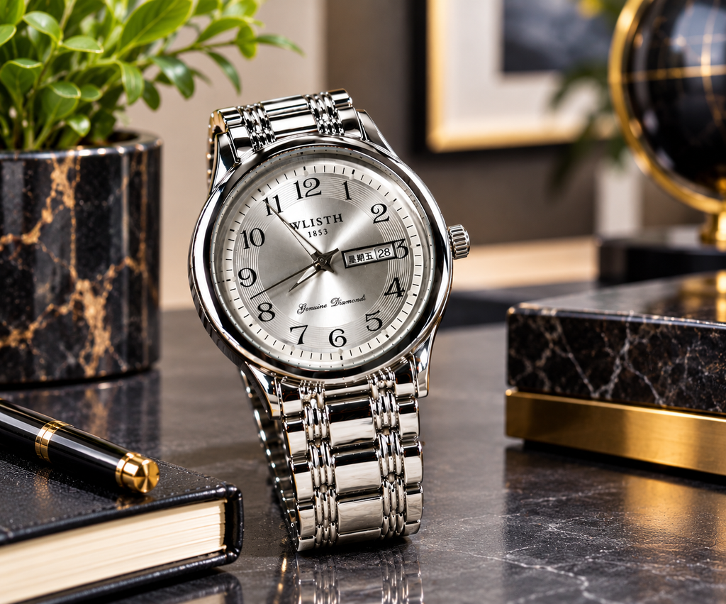 WA-39 Whisth men's stainless steel watch displayed in a modern office setting