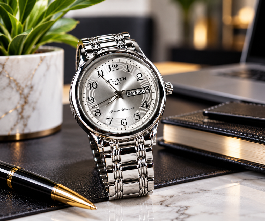 WA-38 Whisth Men's Ultra-Thin Quartz Watch Stainless Steel Calendar Week Display Model 6203