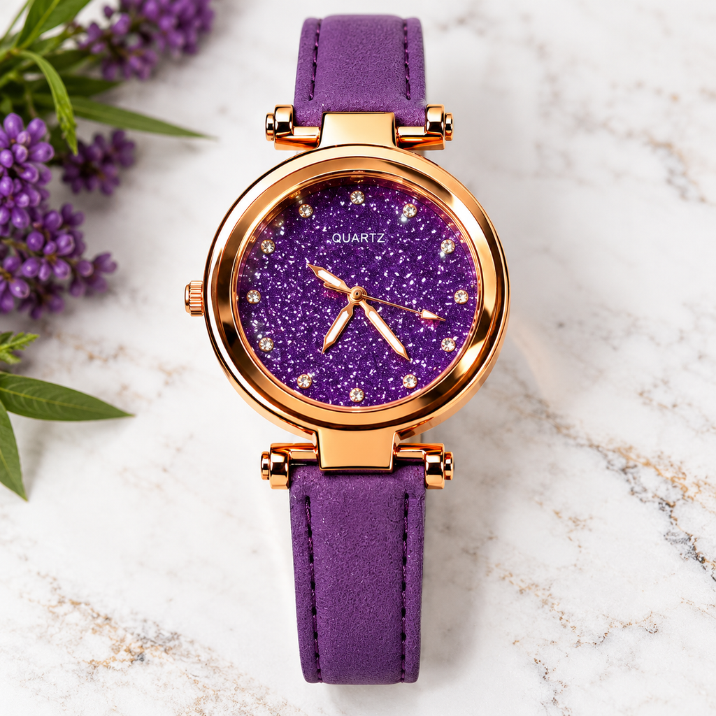 VOKAI men's  glitter dial watch with rose-gold-tone alloy case and Brown Pleather strap on a white marble background