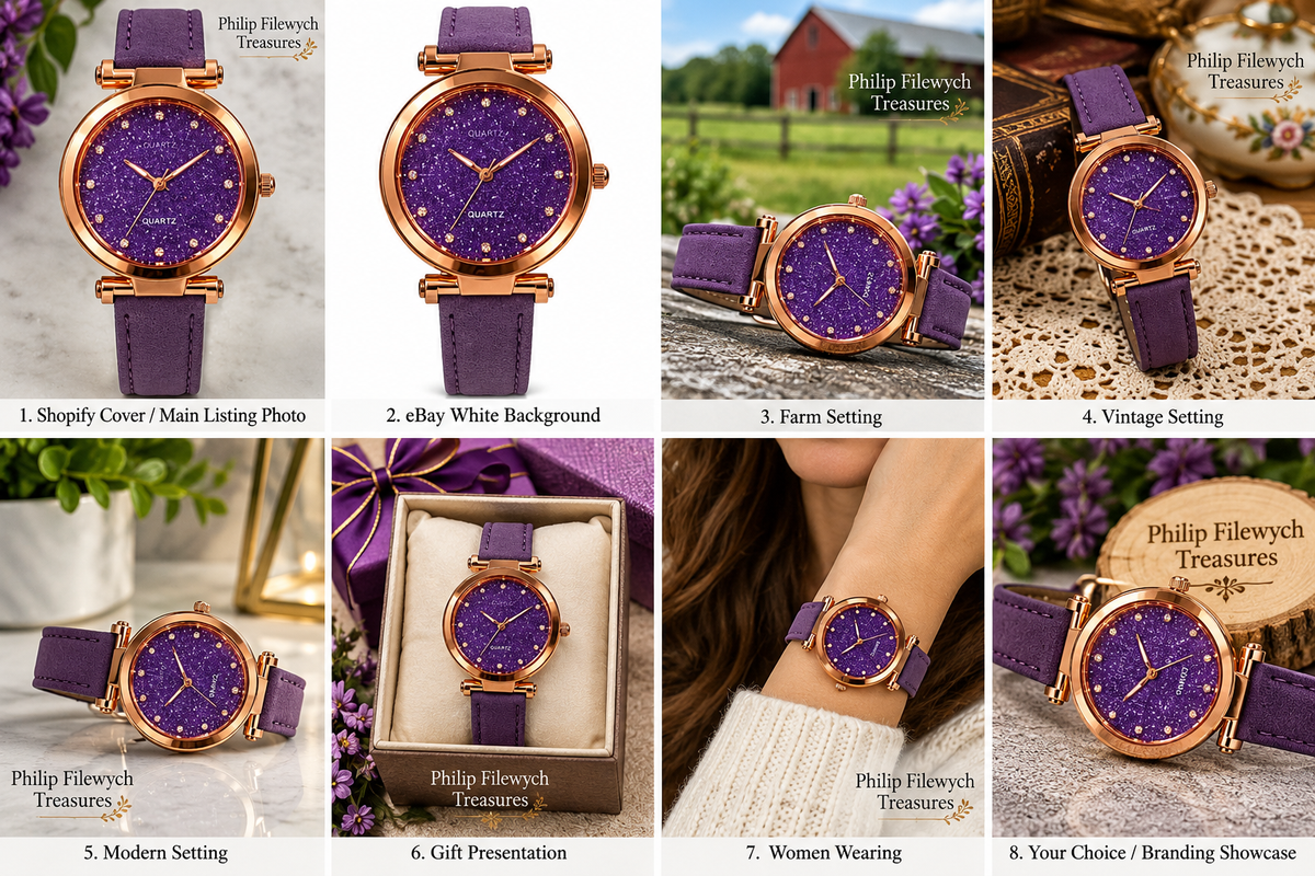 WA-53--VOKAI Purple Glitter Dial Fashion Watch, Rose Gold-Tone Case, Purple PU Leather Strap