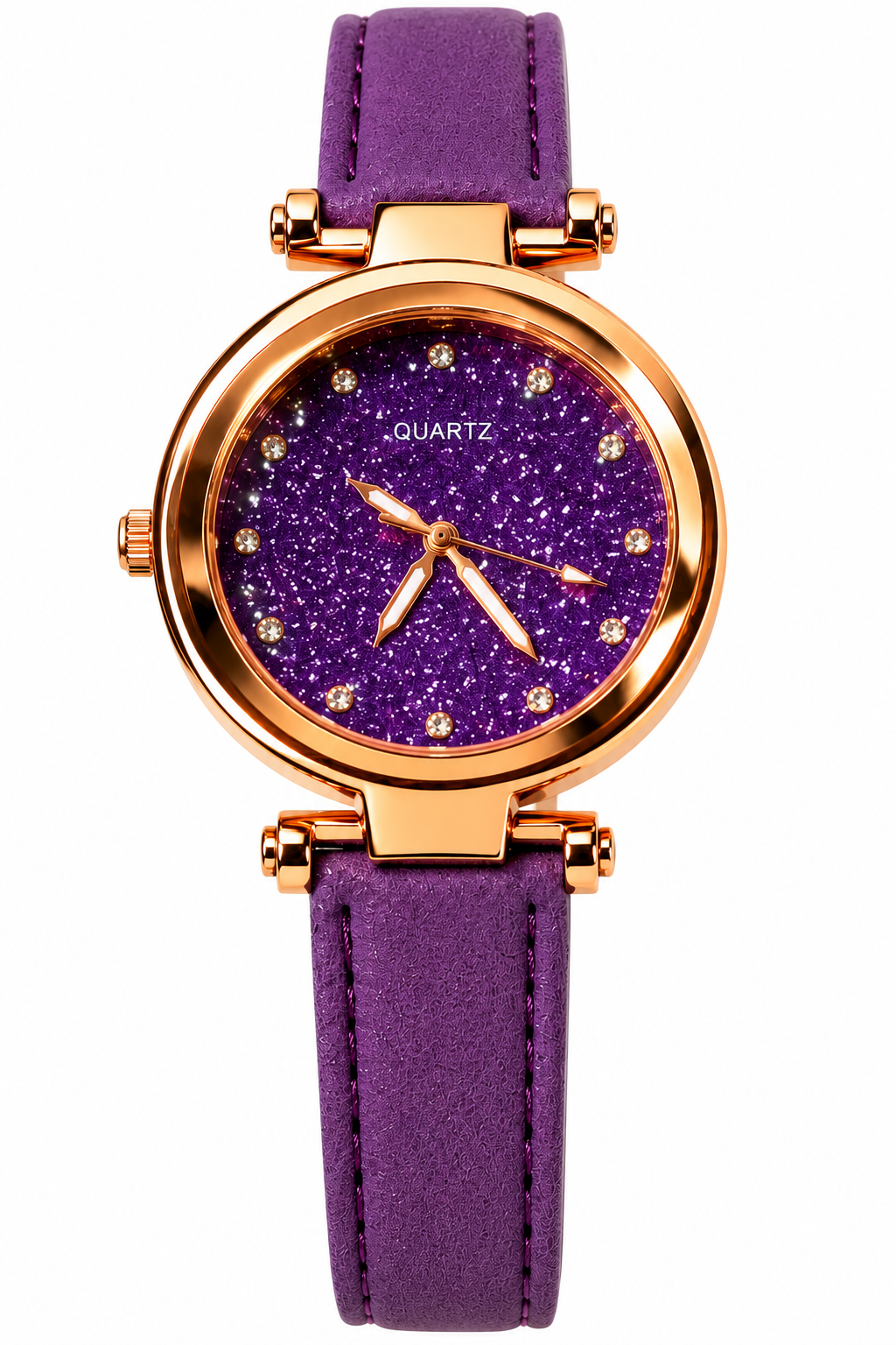 VOKAI men's  glitter dial quartz watch with rose-gold-tone case and Brown PU leather strap on a clean white background.