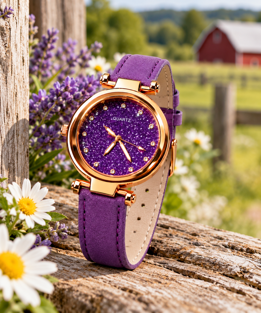 VOKAI men's glitter dial watch with rose-gold-tone case and Brown PU leather strap displayed in a rustic farm setting with flowers and weathered wood.