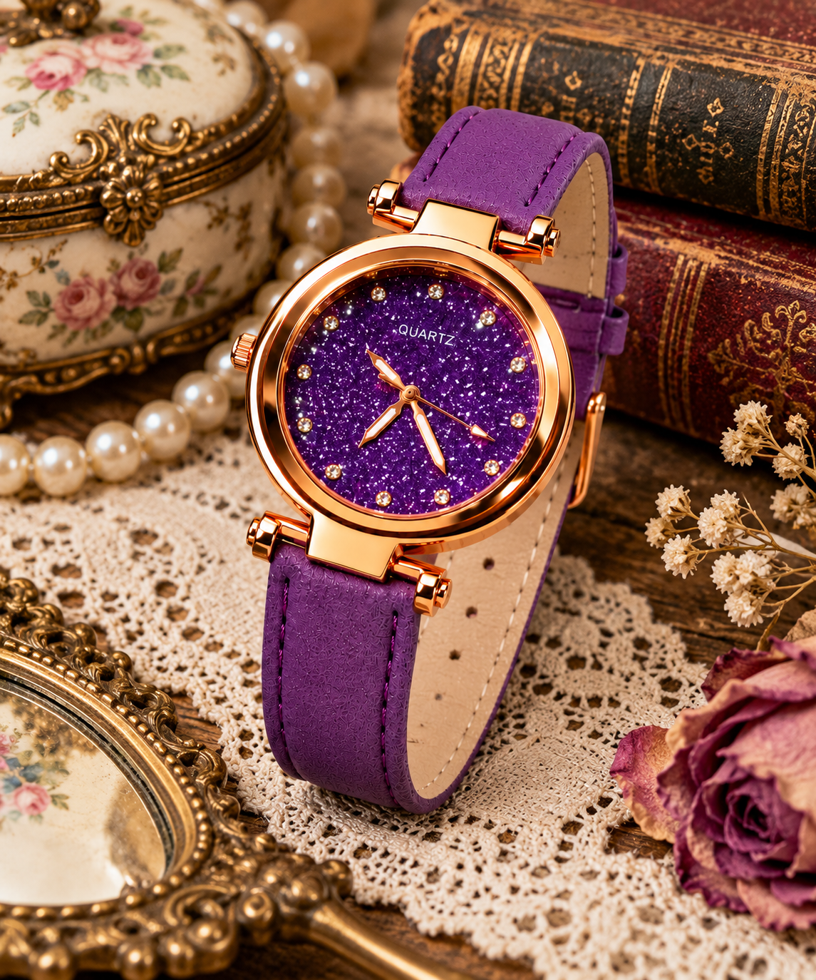 VOKAI men's  glitter dial watch with rose-gold-tone case and GrownPU leather strap styled with vintage lace, pearls, antique books, and floral accessories