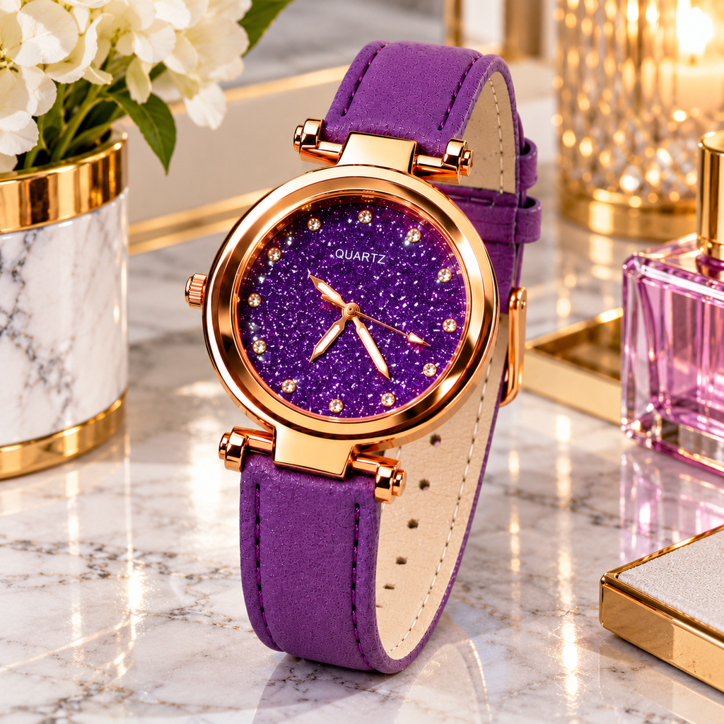 :VOKAI men's  glitter dial watch with rose-gold-tone case and  Brown PU leather strap displayed in a modern marble setting with gold accents.