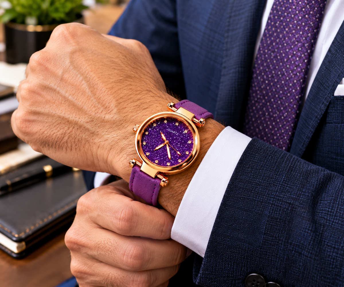 Man wearing a VOKAI men's  glitter dial watch with rose-gold-tone case and Brown PU leather strap with a navy business suit.