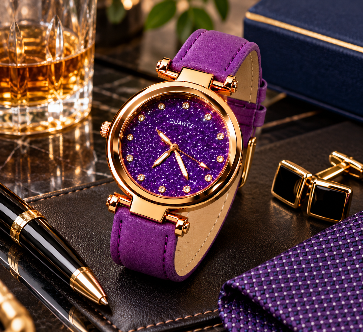 WA-53--VOKAI Purple Glitter Dial Fashion Watch, Rose Gold-Tone Case, Purple PU Leather Strap