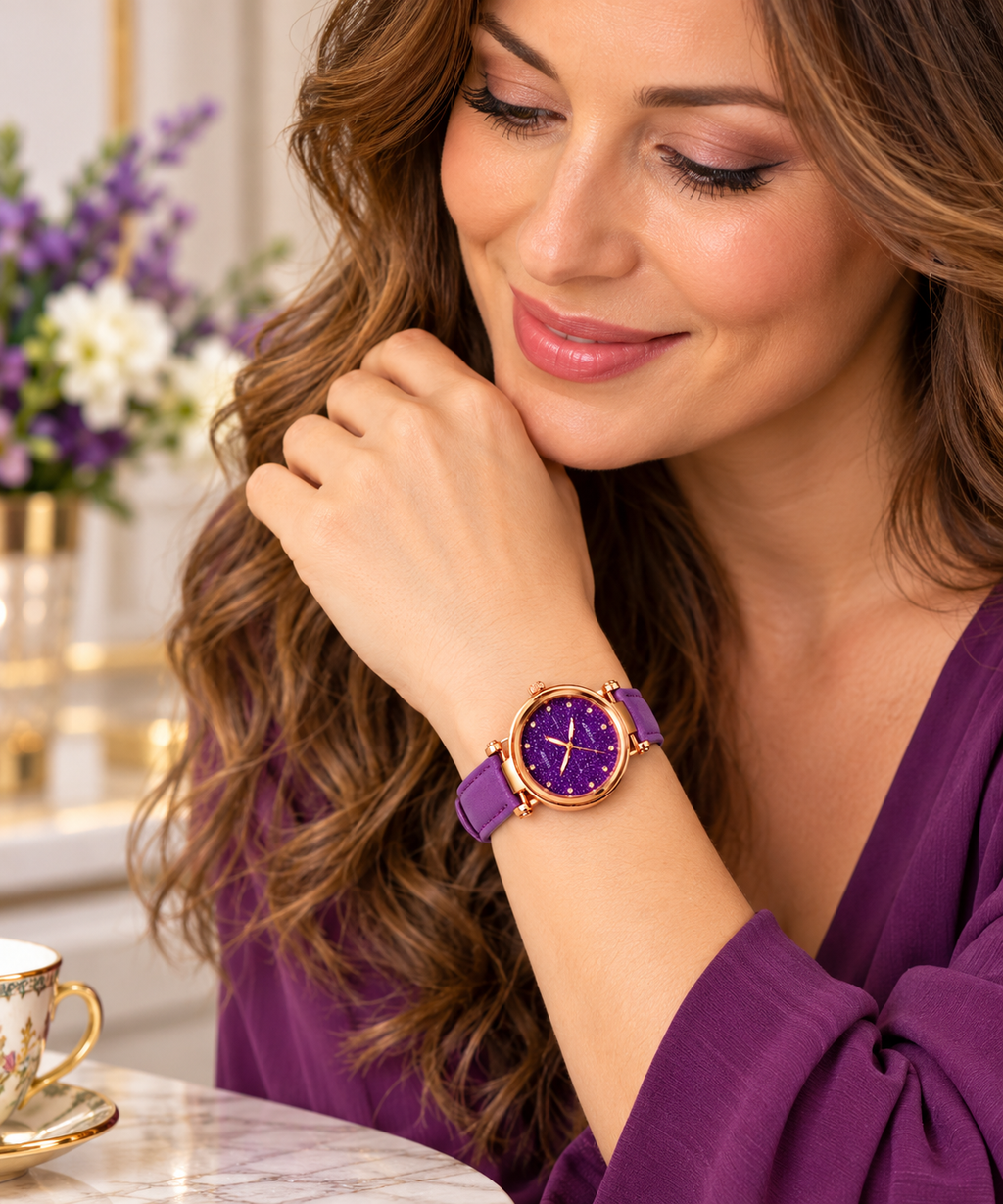 WA-53--VOKAI Purple Glitter Dial Fashion Watch, Rose Gold-Tone Case, Purple PU Leather Strap