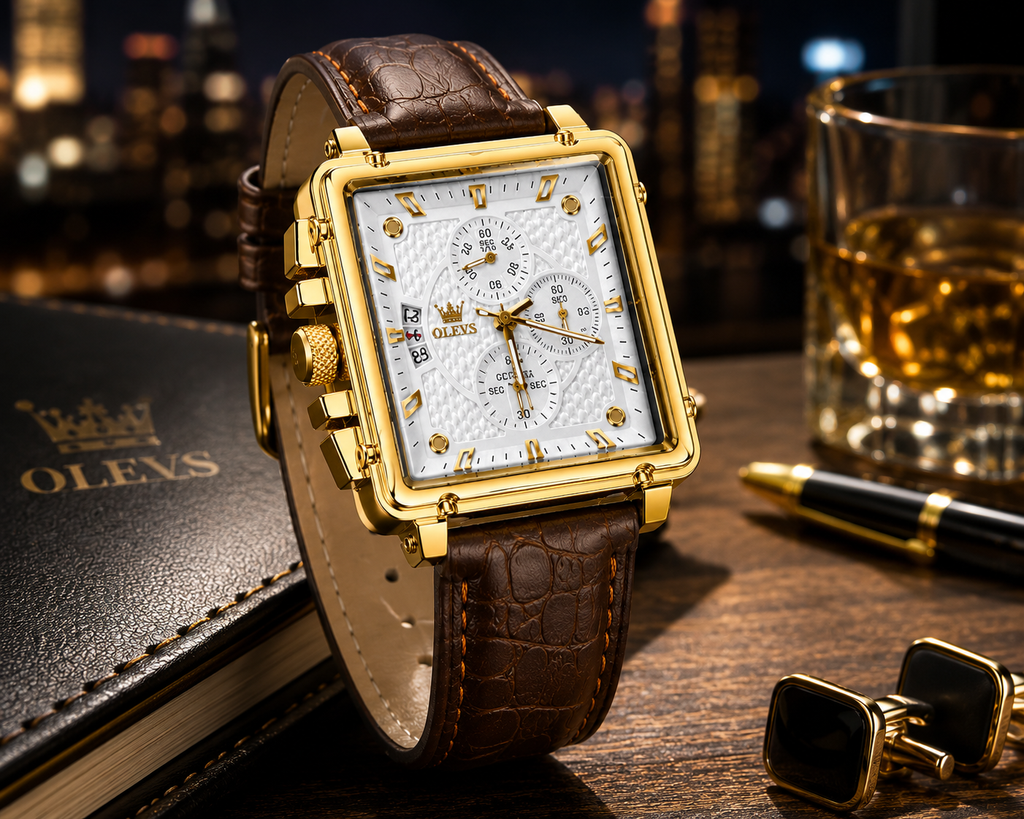 WA-10--OLEVS Men's Square Quartz Watch | Gold Tone | Brown Leather | Model OL8996BY