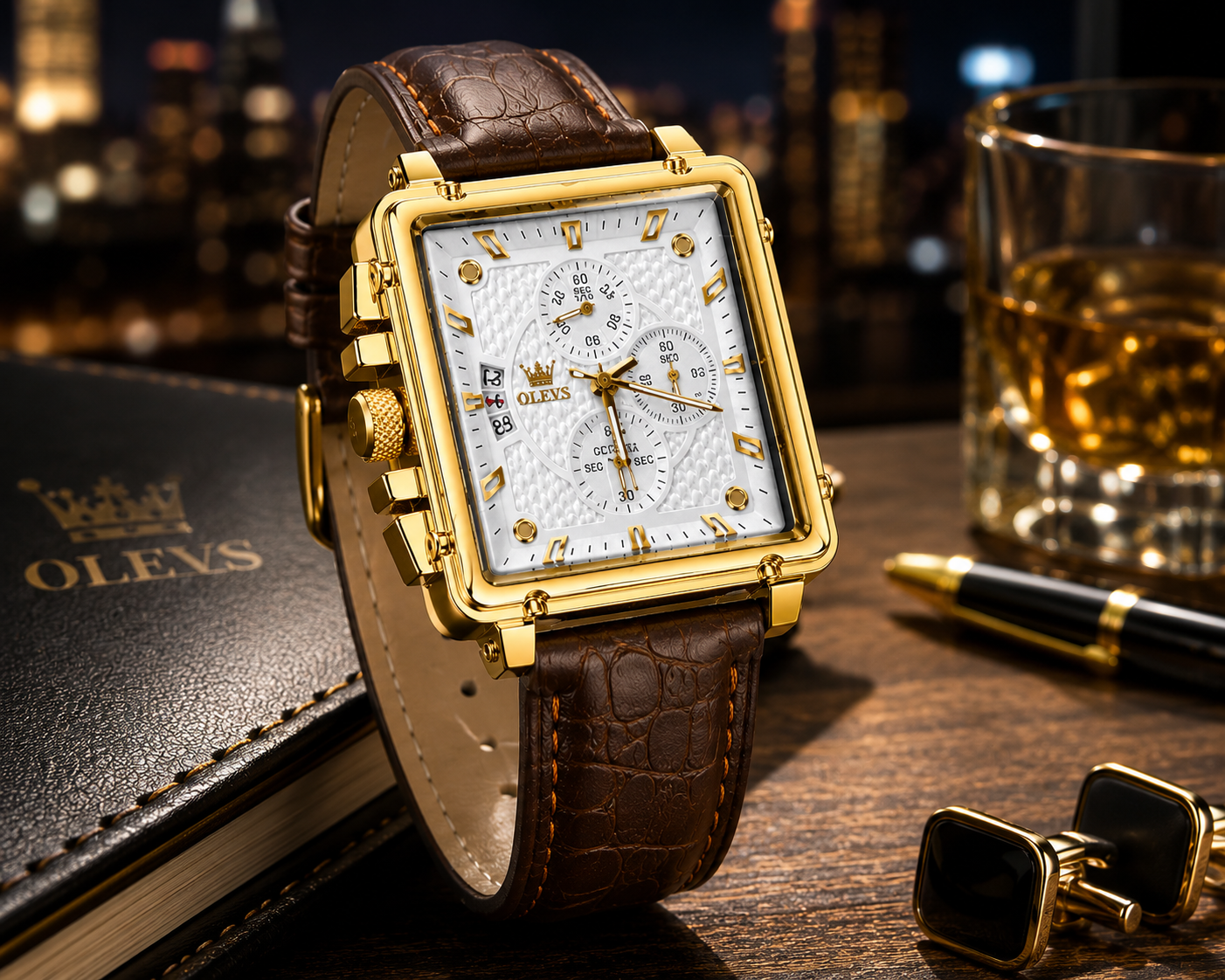 WA-10--OLEVS Men's Square Quartz Watch | Gold Tone | Brown Leather | Model OL8996BY