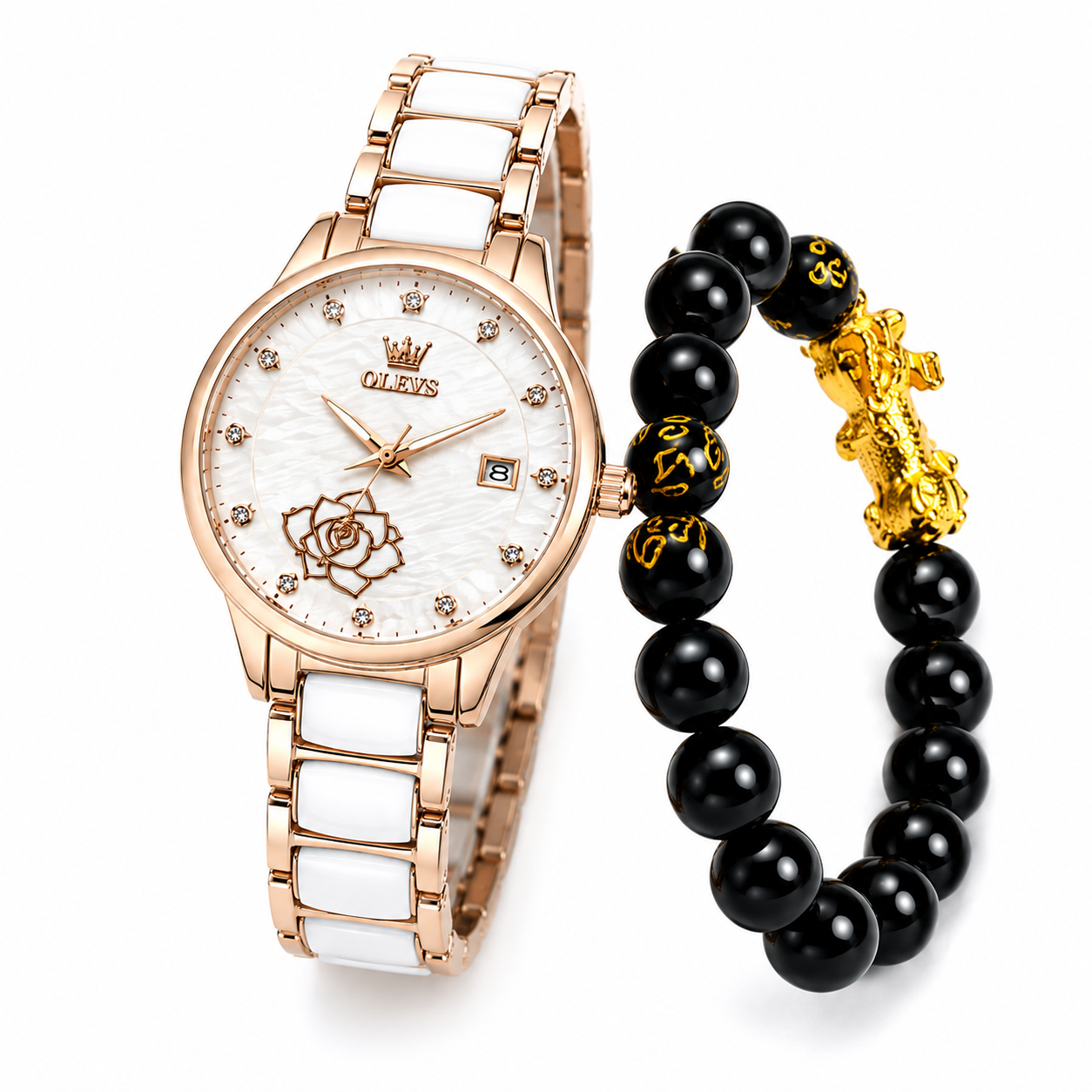 WA-19--OLEVS 3606 Ladies Luxury Quartz Watch 36mm Rose Gold White Ceramic Dial Date 3BAR Waterproof Black Beaded Bracelet Gift Set