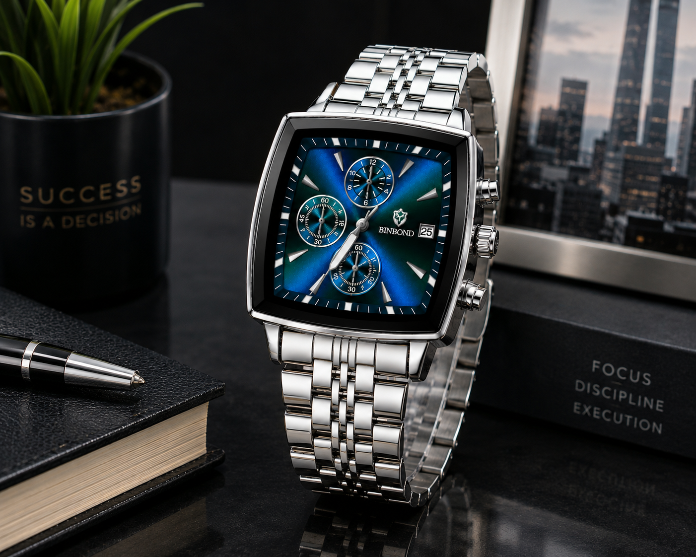 WA-06--Binbond Men's Green Quartz Watch – Stainless Steel Business Sports Watch – Luminous Date Display – 30M Water Resistant