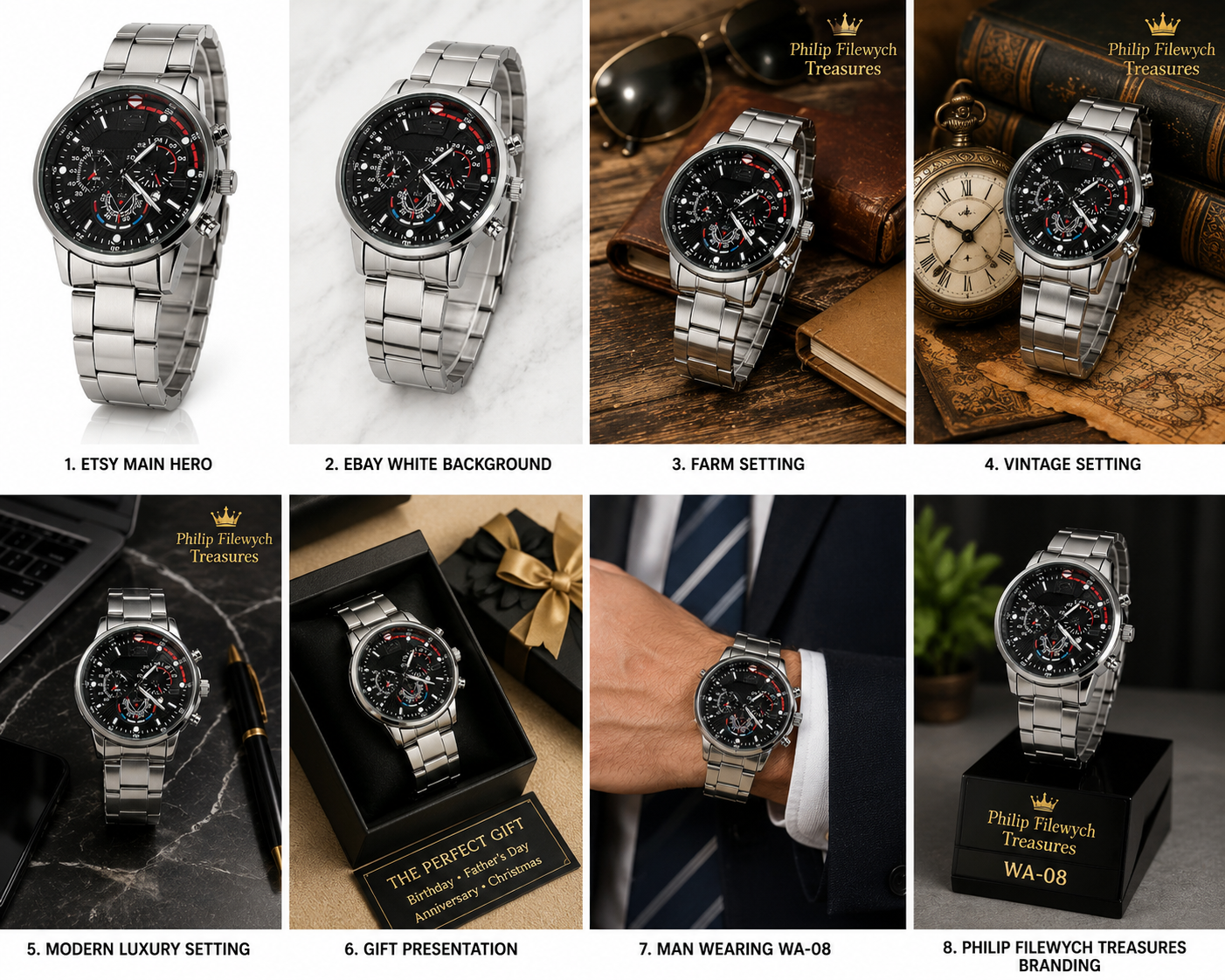 WA-09--Luxury Men's Gold Quartz Business Watch Black Arabic Dial Stainless Steel Fashion Dress Watch Gift for Him WA-09