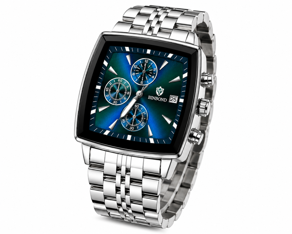 WA-06--Binbond Men's Green Quartz Watch – Stainless Steel Business Sports Watch – Luminous Date Display – 30M Water Resistant