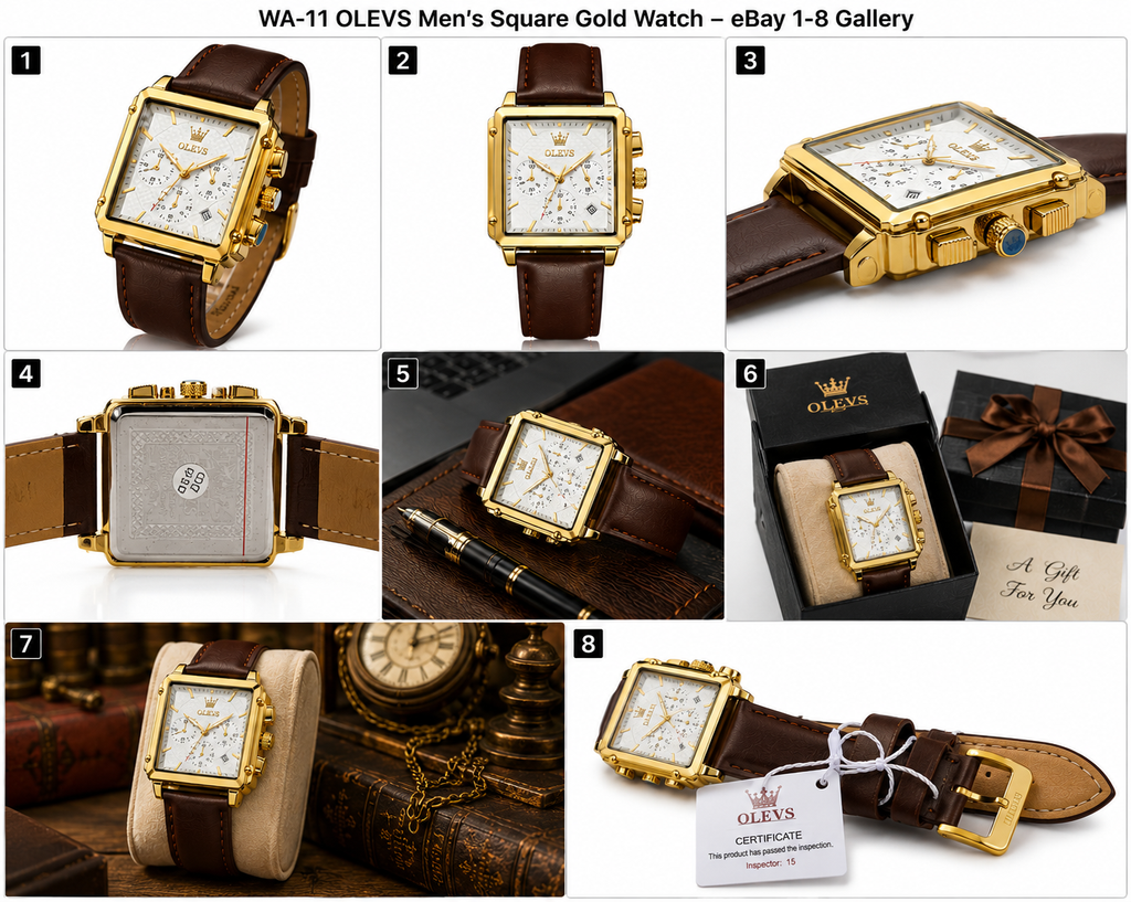 WA-11 – OLEVS Men's Square Gold Quartz Watch – Brown Leather Strap – Waterproof – Luminous – Analog Dress Watch