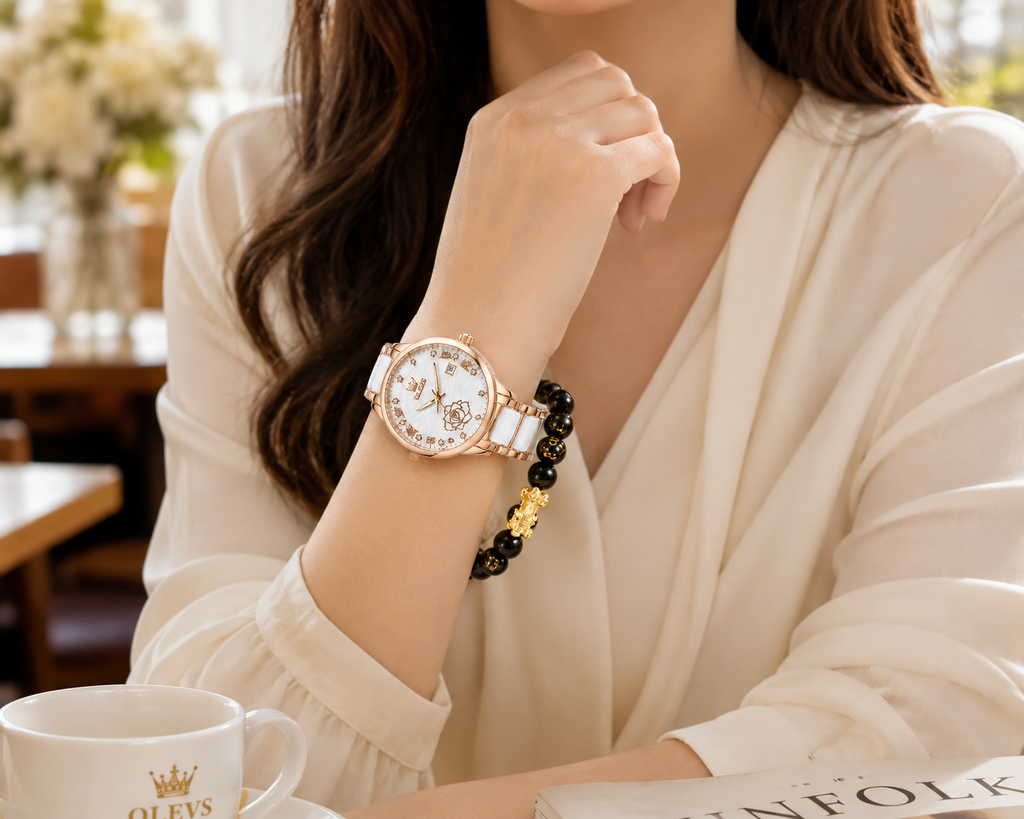 WA-19--OLEVS 3606 Ladies Luxury Quartz Watch 36mm Rose Gold White Ceramic Dial Date 3BAR Waterproof Black Beaded Bracelet Gift Set