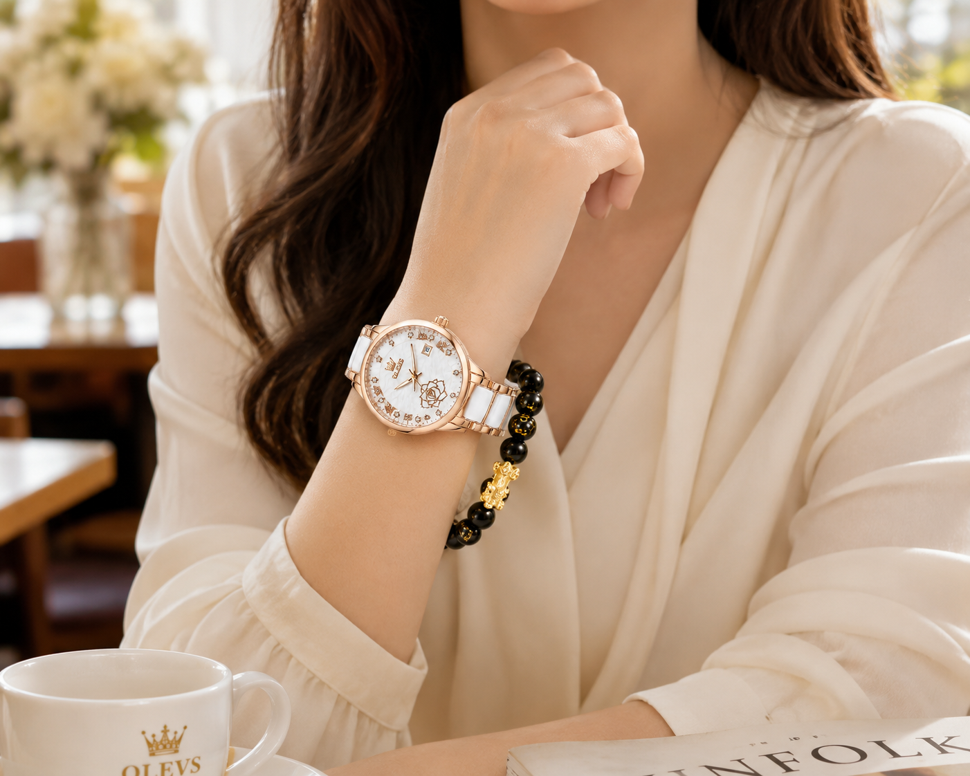 WA-19--OLEVS 3606 Ladies Luxury Quartz Watch 36mm Rose Gold White Ceramic Dial Date 3BAR Waterproof Black Beaded Bracelet Gift Set
