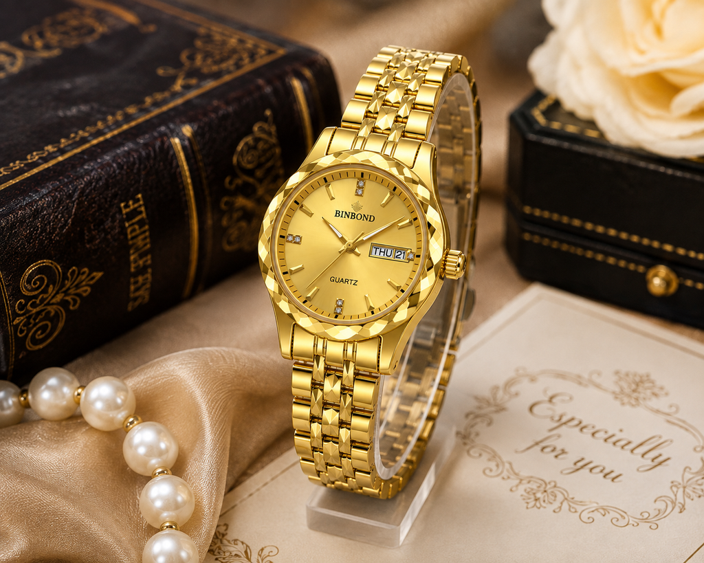 WA-20--Bingong Ladies Gold-Tone Luxury Quartz Watch 28mm Date Luminous Water Resistant