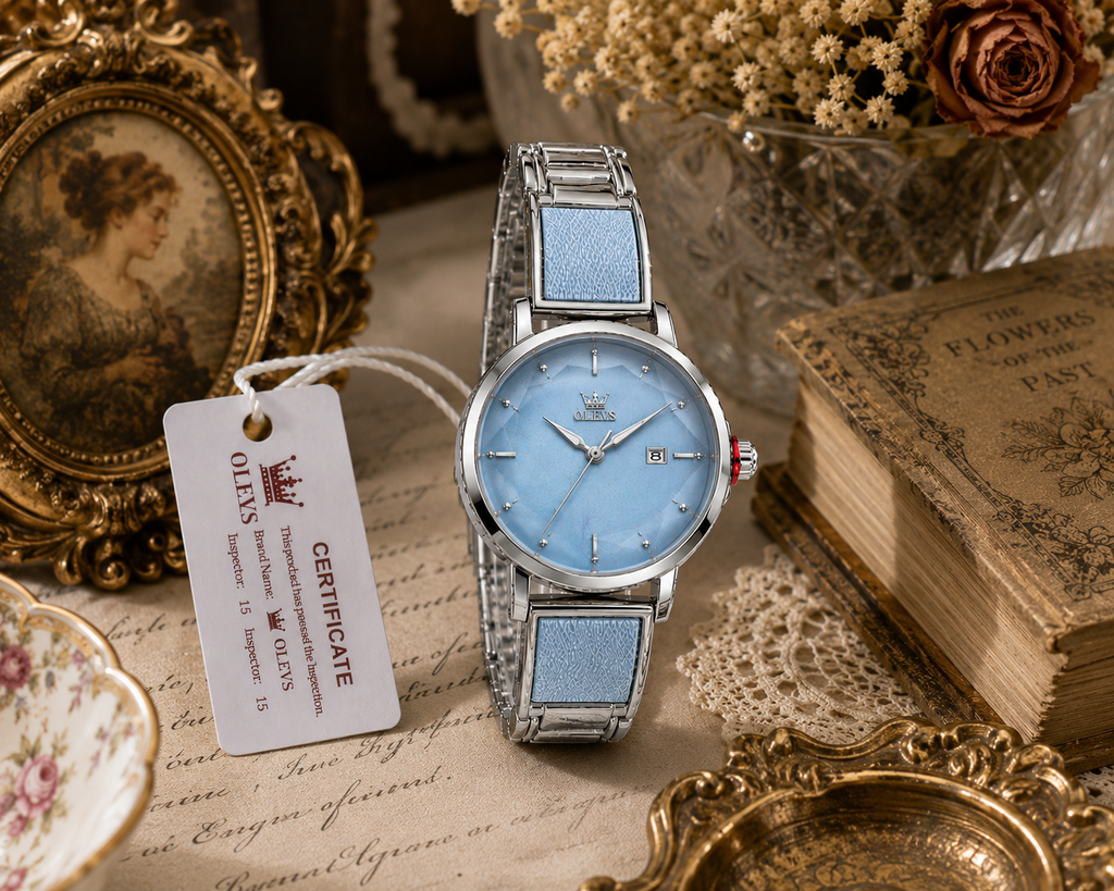 WA-17--OLEVS 5189 Ladies Gold-Tone Quartz Watch 36mm Blue Love Fashion Dial Mesh Bracelet 3ATM