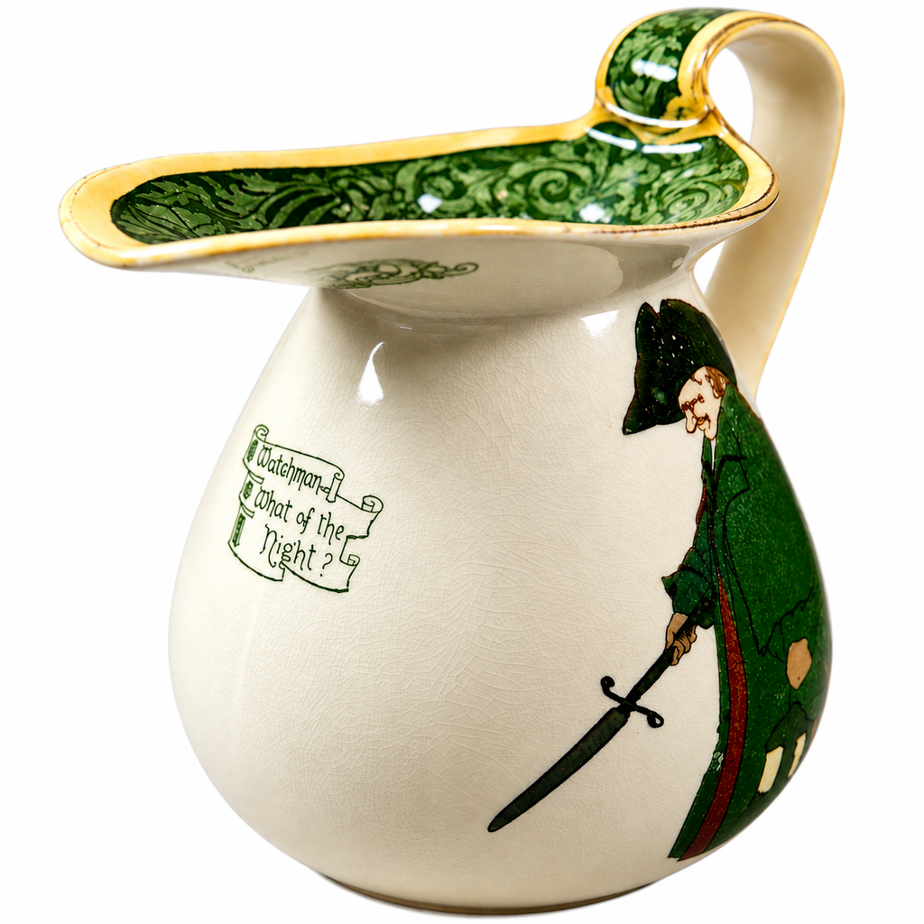 Royal Doulton Watchman What of the Night? jug shown clearly on a white background, highlighting the spout, handle, green decoration, crackle glaze and Watchman design.