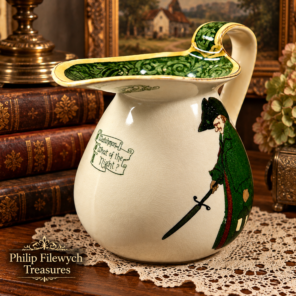 Royal Doulton Watchman What of the Night? jug displayed with antique books and vintage décor, emphasizing its collectible character.