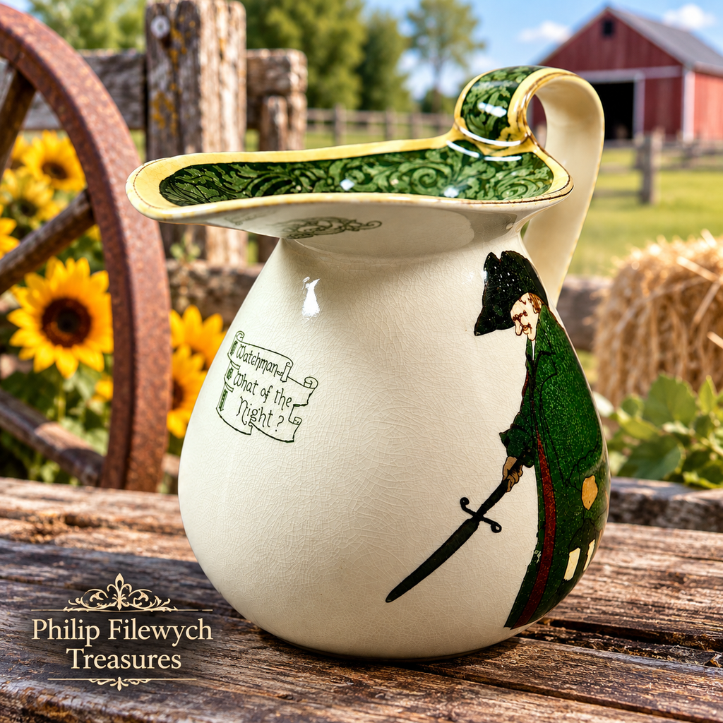 Royal Doulton Watchman What of the Night? jug displayed in a rustic farm setting, showcasing its traditional English pottery character.