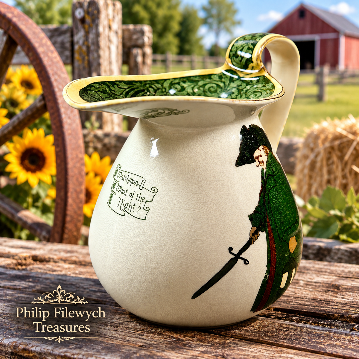 Royal Doulton Watchman What of the Night? jug displayed in a rustic farm setting, showcasing its traditional English pottery character.