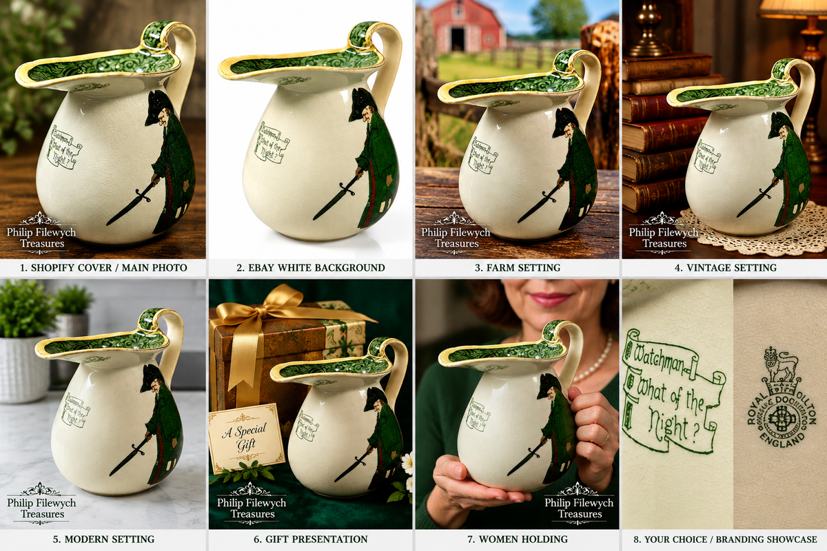 Royal Doulton Watchman What of the Night? jug featuring cream crackle glaze, green decorative interior, gold edging and the detailed Watchman figure with sword.