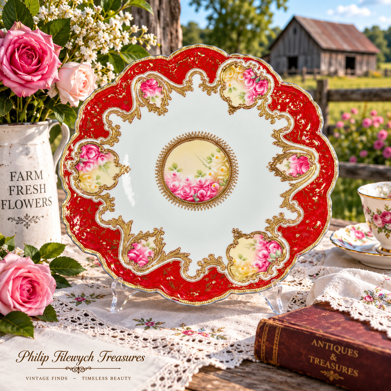Plate-05--Antique French Hand-Painted Porcelain Plate Fuchsia Roses Red Gold Gilt Made in France c.1900